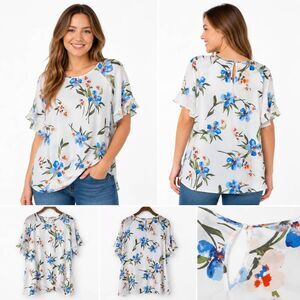 Cato XL White Blue Floral Flutter Sleeve Blouse Top